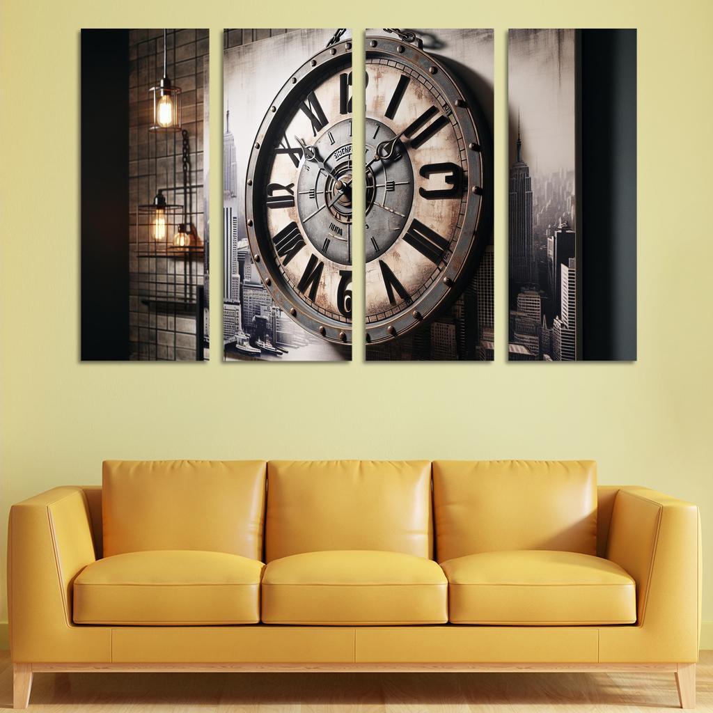 Industrial-Style Wall Clock with Distressed Finish 4 Piece HD Modern Canvas Panels-Original Frame