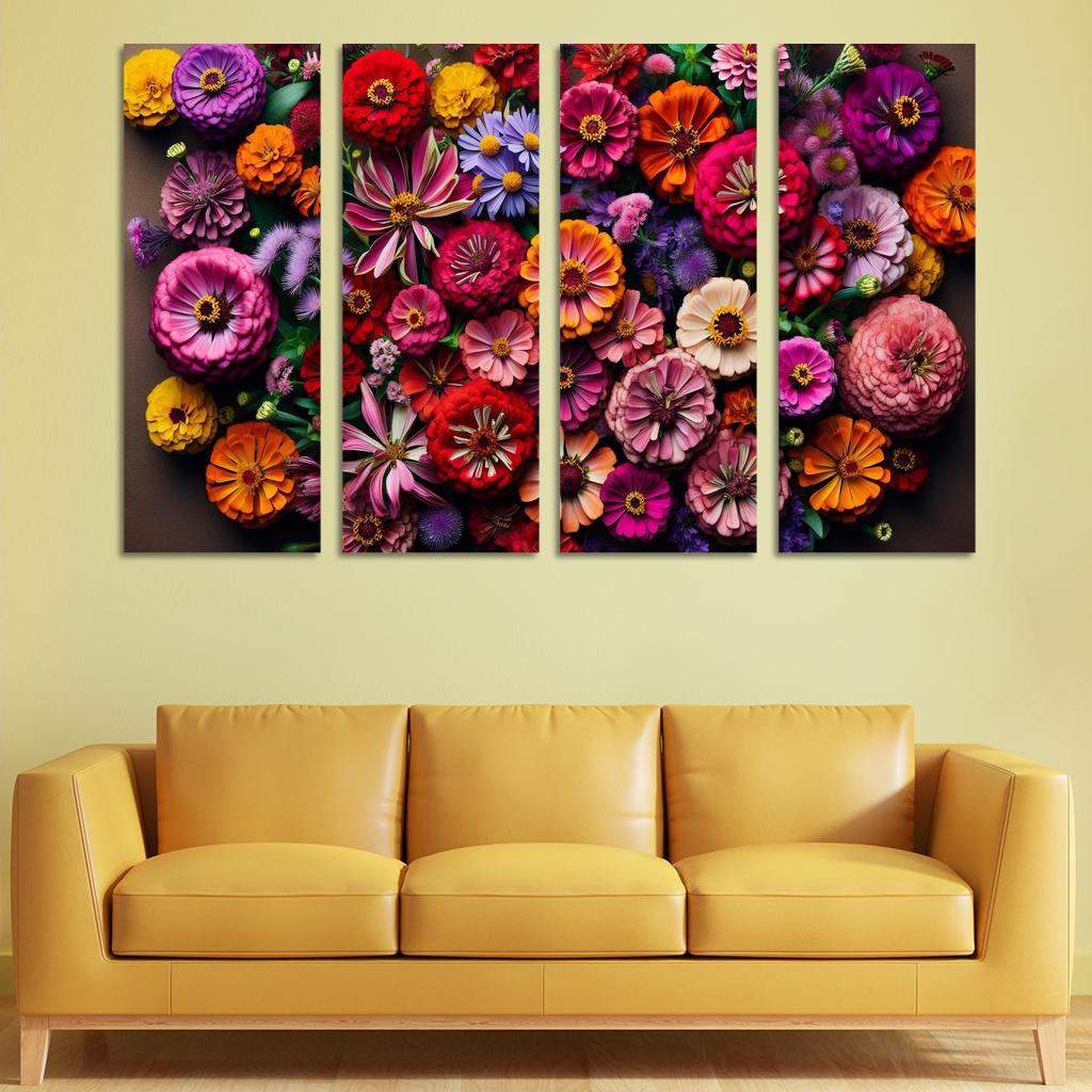 Floral Mosaic A Patchwork of Blooms 4 Piece HD Modern Canvas Panels-Original Frame