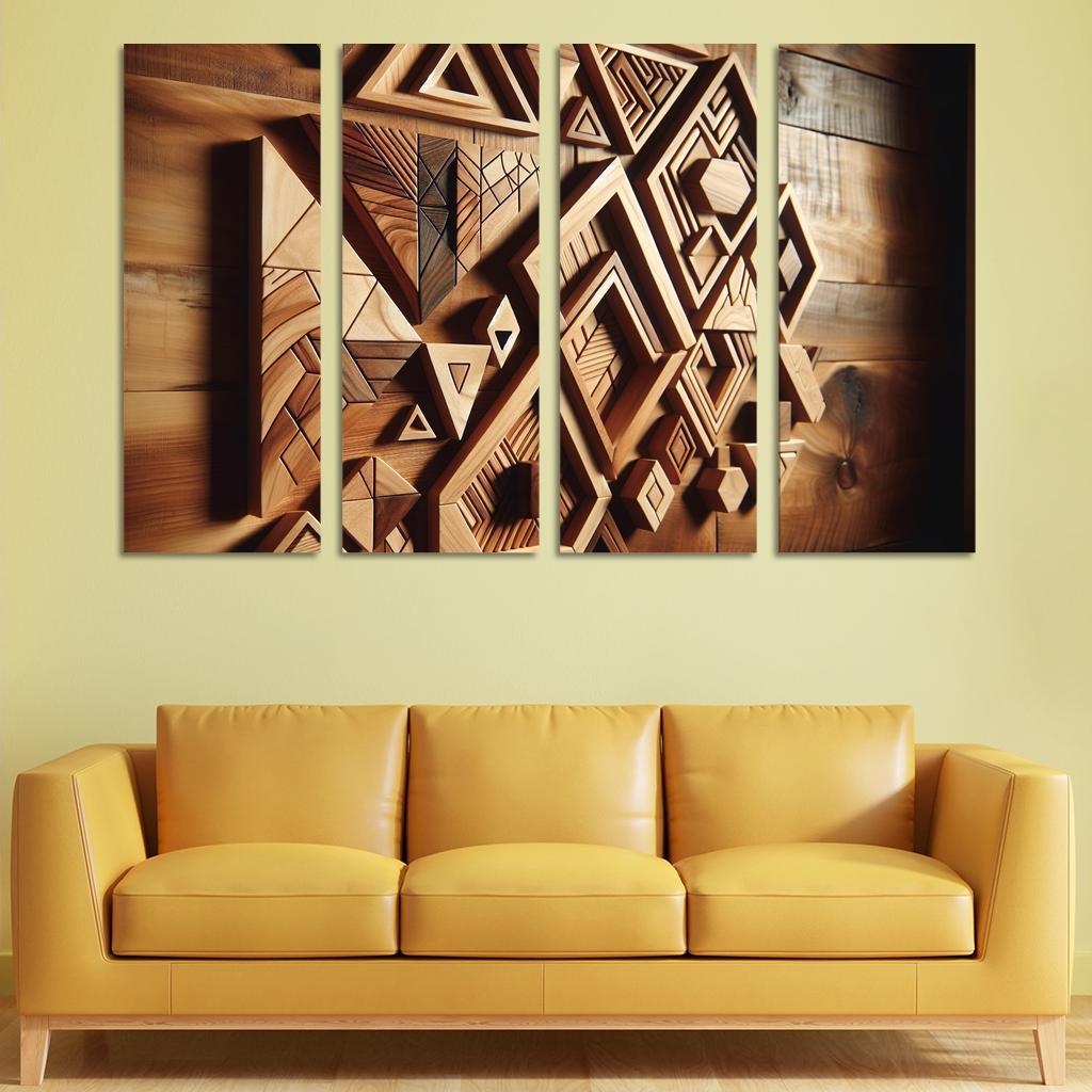 Geometric Wooden Wall Shelves 4 Piece HD Modern Canvas Panels-Original Frame