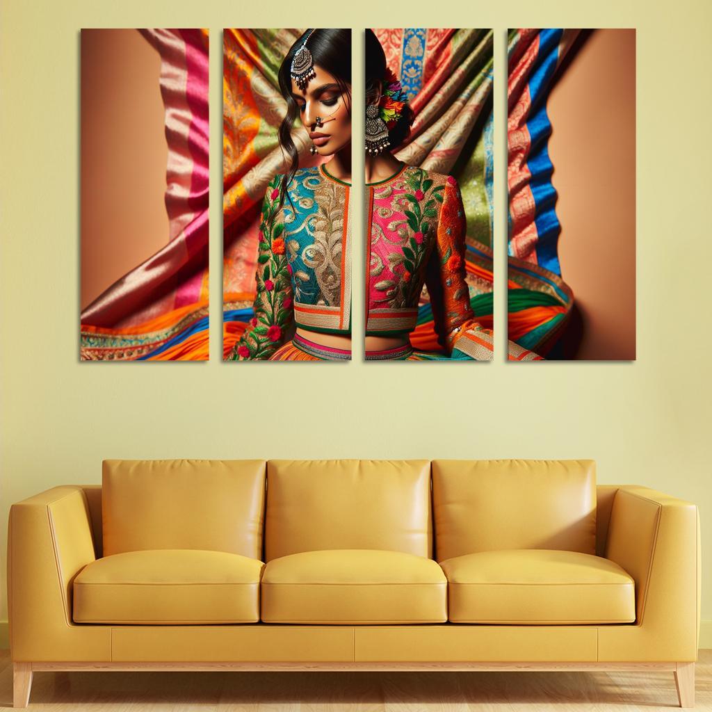Ethnic Fusion Blending Cultures in Fashion 4 Piece HD Modern Canvas Panels-Original Frame