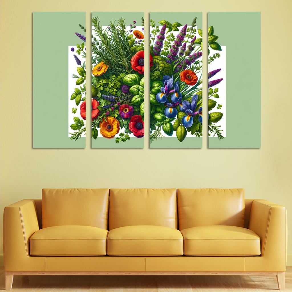 Aromatic Garden The Herb and Blossom Fusion 4 Piece HD Modern Canvas Panels-Original Frame