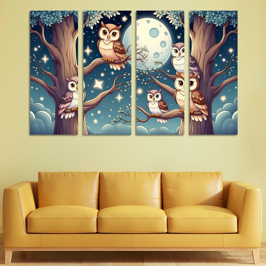 Starry Night Owls - Nighttime Whimsy Framed Paintings
