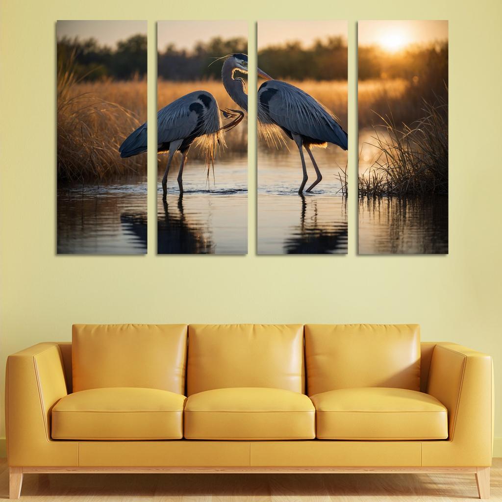 The Majestic Great Blue Heron By The Waterside Framed Paintings