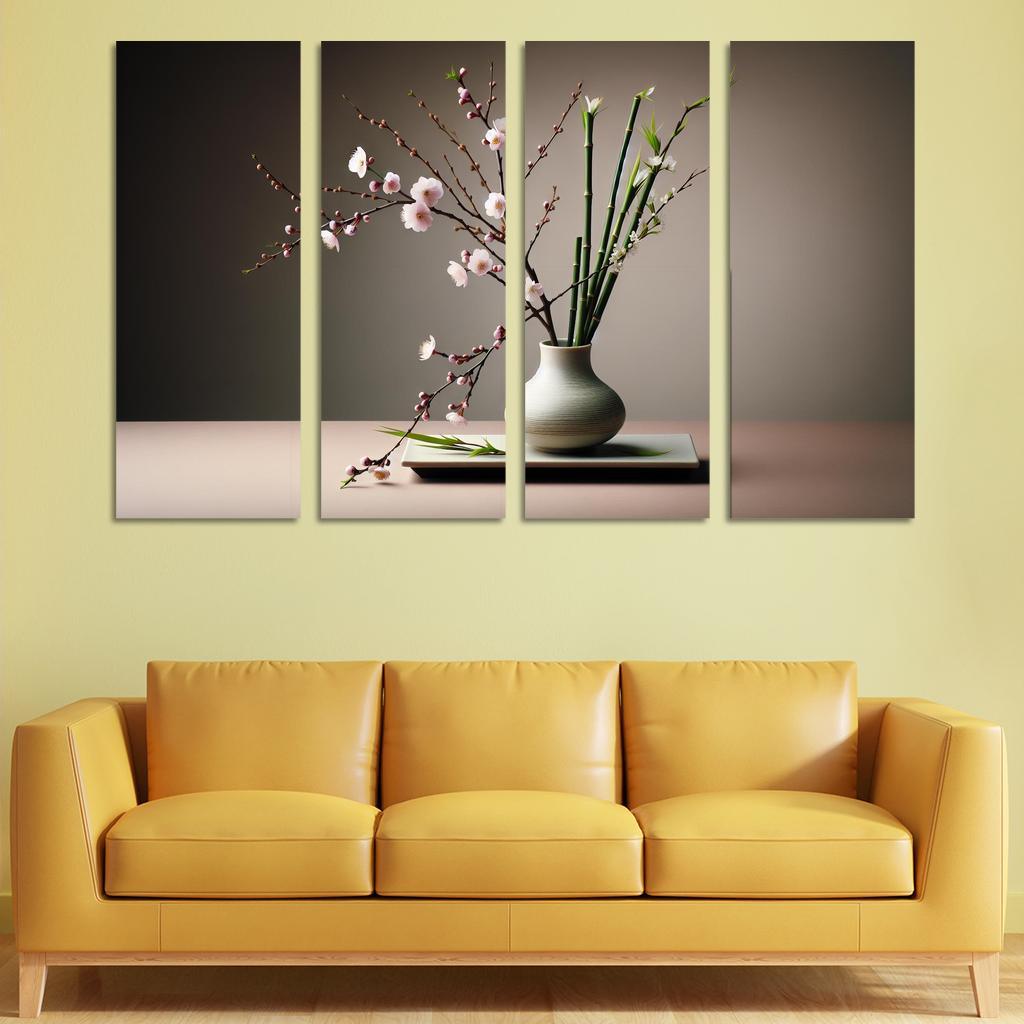 Japanese Serenity Ikebana Inspired Arrangement 4 Piece HD Modern Canvas Panels-Original Frame
