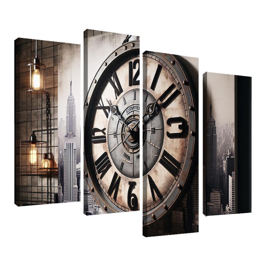 Industrial-Style Wall Clock with Distressed Finish 4 Piece HD Canvas Wall Art-Original Frame