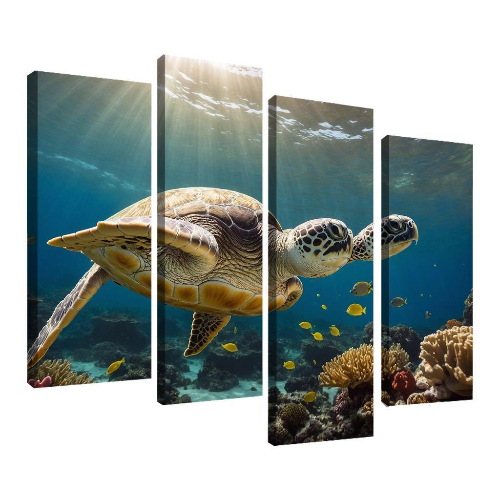 The Enigmatic Green Sea Turtle Gliding Through Coral Reefs Framed Paintings