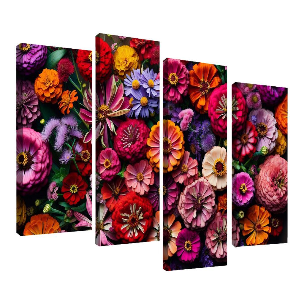 Floral Mosaic A Patchwork of Blooms 4 Piece HD Canvas Wall Art-Original Frame
