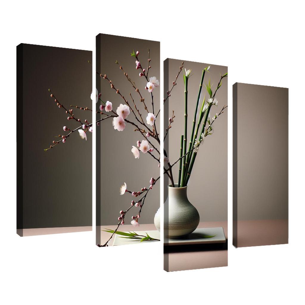 Japanese Serenity Ikebana Inspired Arrangement 4 Piece HD Canvas Wall Art-Original Frame