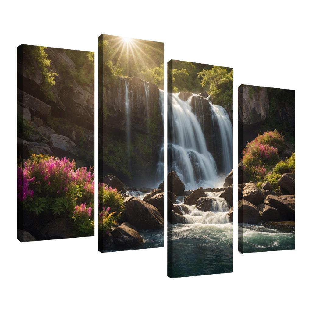 The Enchanted Cascade of Crystal Falls 4 Piece HD Canvas Wall Art-Original Frame