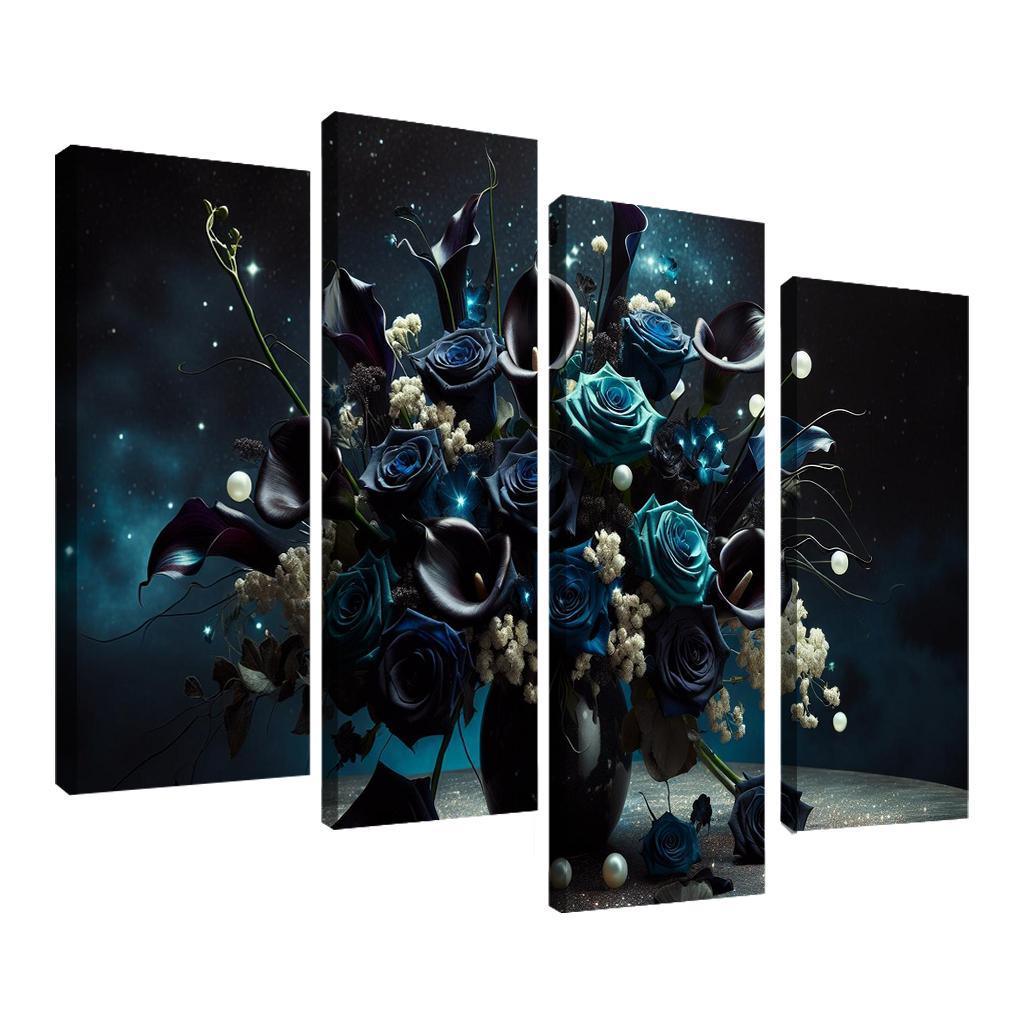 Celestial Petals A Starry Night Floral Arrangement 4 Piece HD Canvas Wall Art-Original Frame