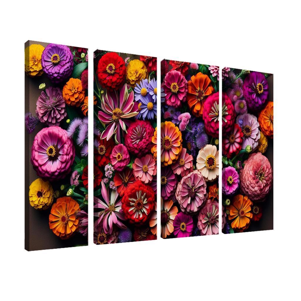 Floral Mosaic A Patchwork of Blooms 4 Piece HD Modern Canvas Panels-Original Frame