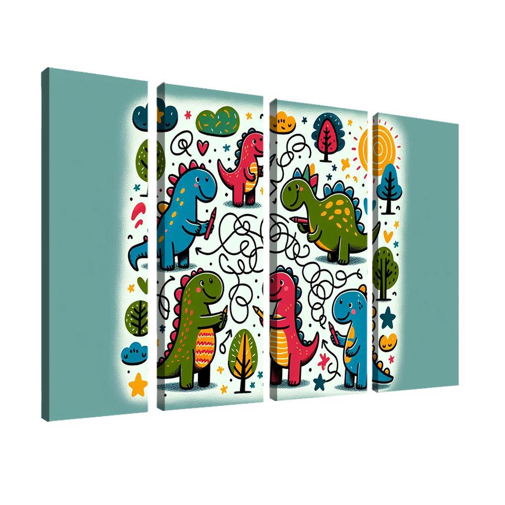 Doodle Dino Friends 4 Piece HD Modern Canvas Panels-Original Frame
