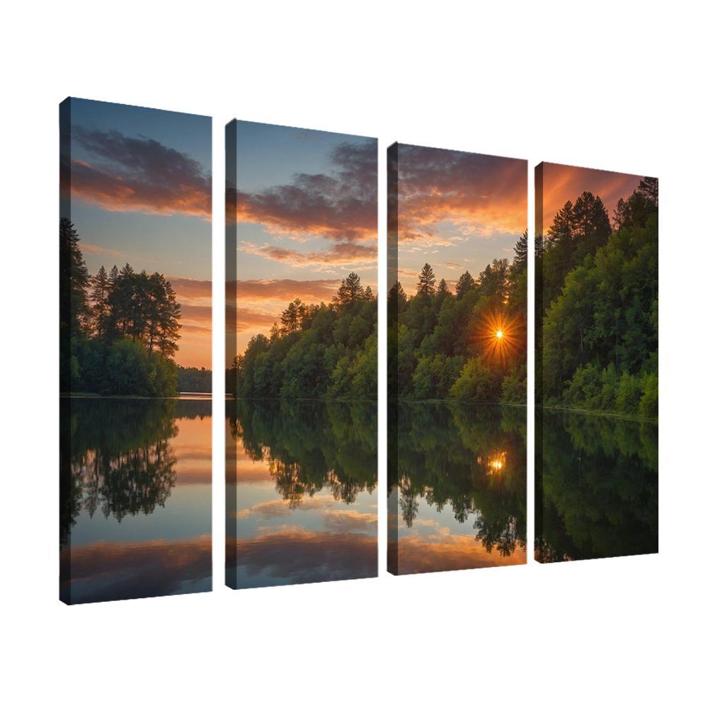 The Serene Reflection of Tranquil Lake 4 Piece HD Modern Canvas Panels-Original Frame