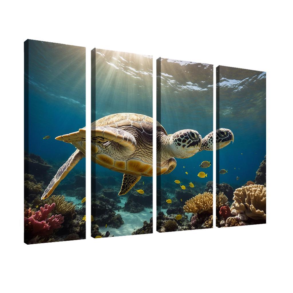 The Enigmatic Green Sea Turtle Gliding Through Coral Reefs Framed Paintings