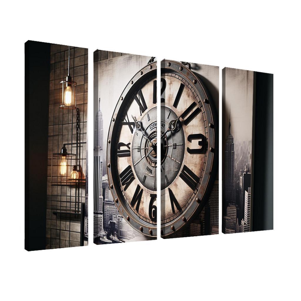 Industrial-Style Wall Clock with Distressed Finish 4 Piece HD Modern Canvas Panels-Original Frame
