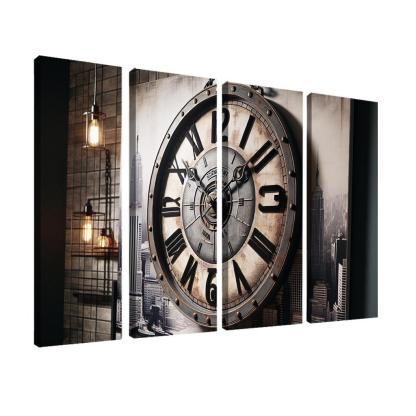 Industrial-Style Wall Clock with Distressed Finish 4 Piece HD Modern Canvas Panels-Original Frame