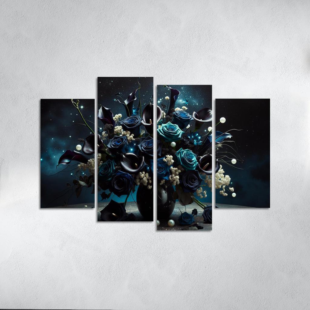 Celestial Petals A Starry Night Floral Arrangement 4 Piece HD Canvas Wall Art-Original Frame