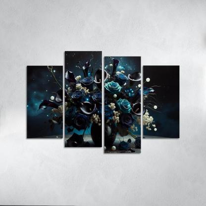 Celestial Petals A Starry Night Floral Arrangement 4 Piece HD Canvas Wall Art-Original Frame