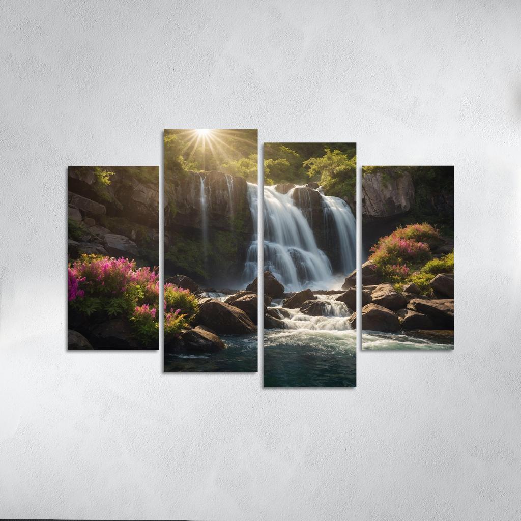 The Enchanted Cascade of Crystal Falls 4 Piece HD Canvas Wall Art-Original Frame