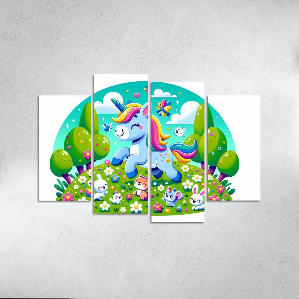 Rainbow Unicorn Friends 4 Piece HD Canvas Wall Art-Original Frame