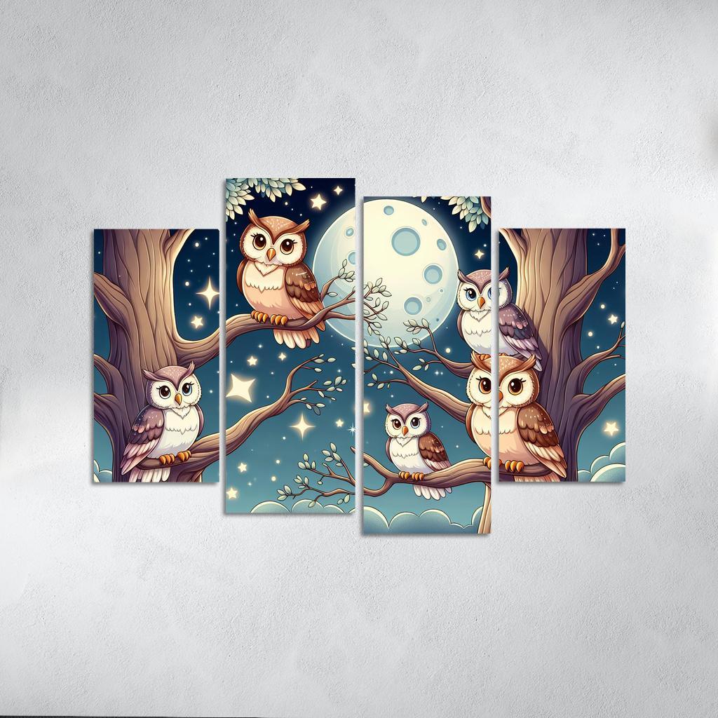 Starry Night Owls - Nighttime Whimsy Framed Paintings