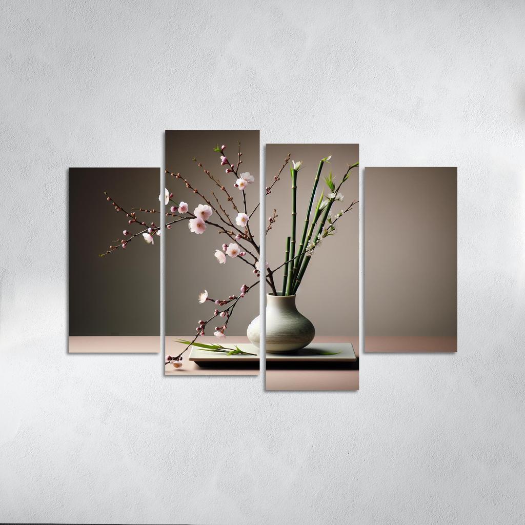 Japanese Serenity Ikebana Inspired Arrangement 4 Piece HD Canvas Wall Art-Original Frame
