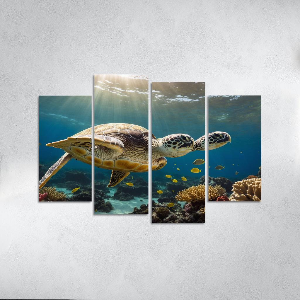 The Enigmatic Green Sea Turtle Gliding Through Coral Reefs Framed Paintings