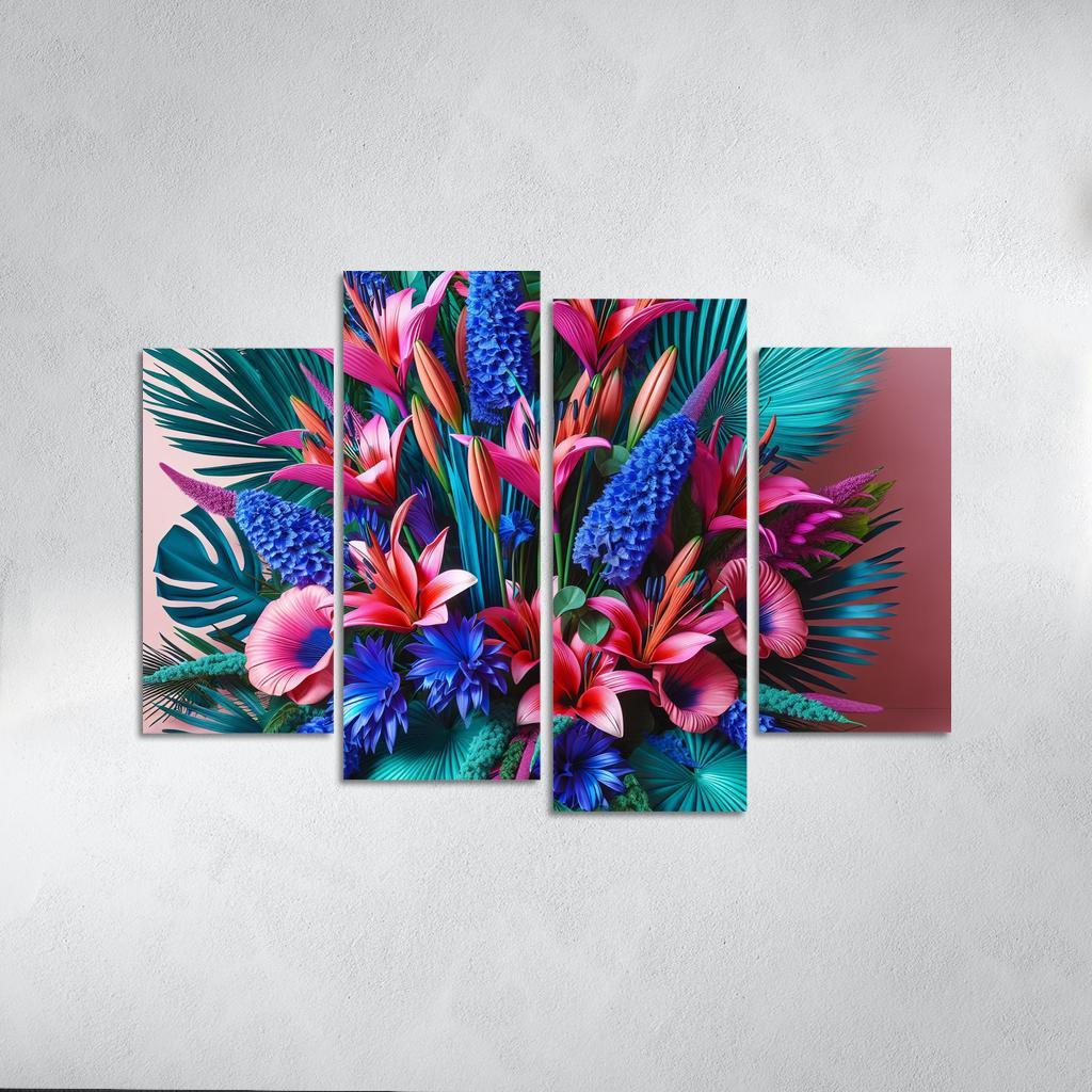 Glistening Tropics A Coastal Floral Experience 4 Piece HD Canvas Wall Art-Original Frame