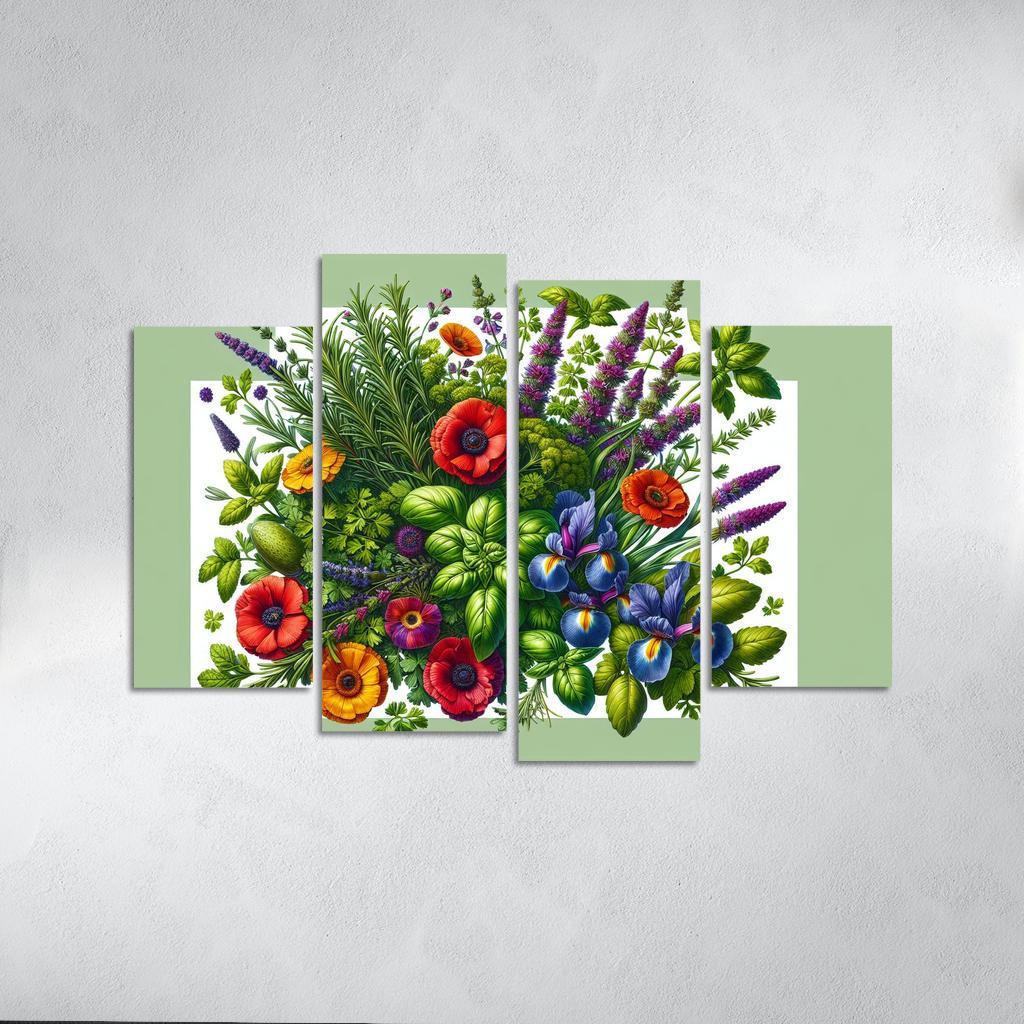 Aromatic Garden The Herb and Blossom Fusion 4 Piece HD Canvas Wall Art-Original Frame
