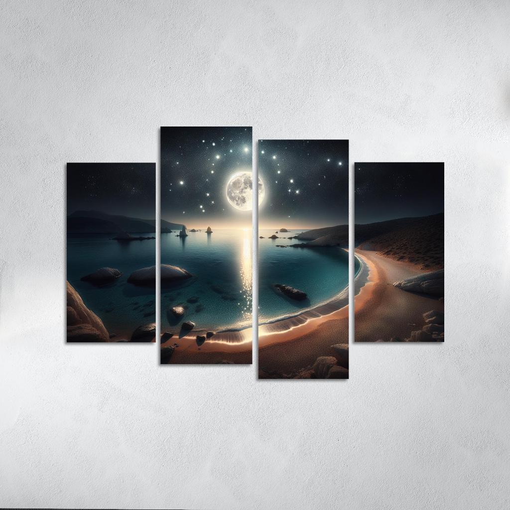 Moonlit Harbor A Coastal Retreat for Stargazers 4 Piece HD Canvas Wall Art-Original Frame