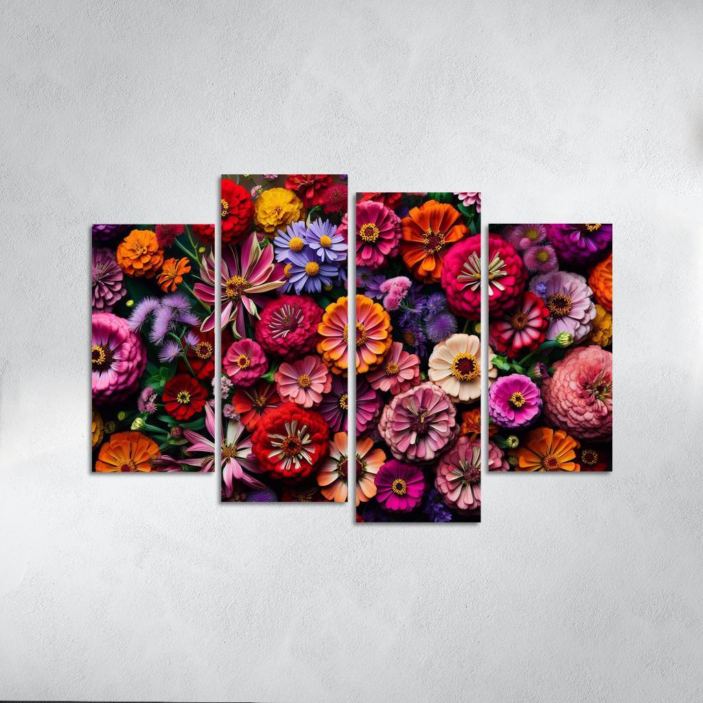 Floral Mosaic A Patchwork of Blooms 4 Piece HD Canvas Wall Art-Original Frame