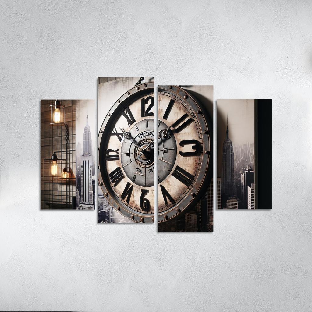 Industrial-Style Wall Clock with Distressed Finish 4 Piece HD Canvas Wall Art-Original Frame