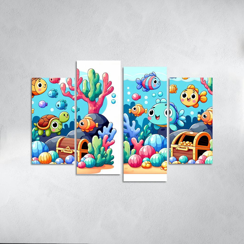 Underwater Treasure Hunt 4 Piece HD Canvas Wall Art-Original Frame