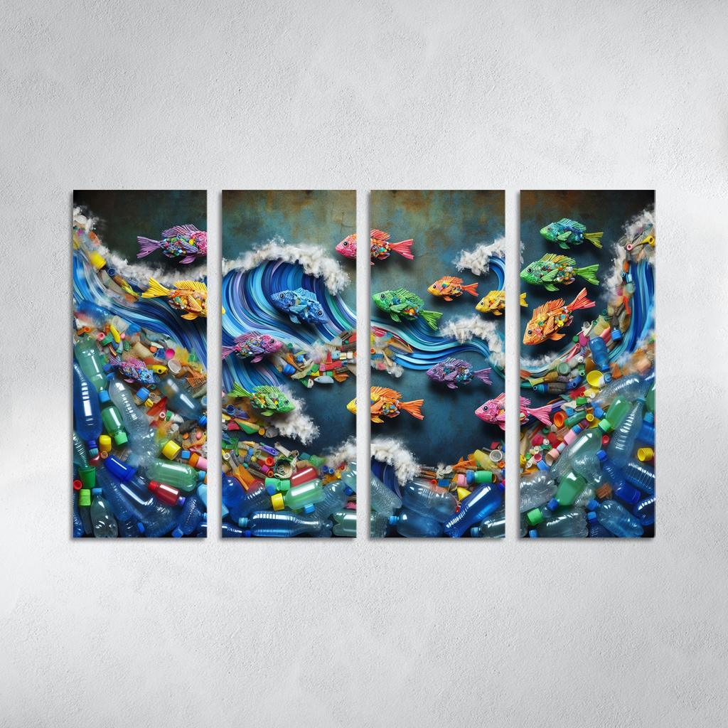 Plastic Ocean Art for Ocean Conservation 4 Piece HD Modern Canvas Panels-Original Frame