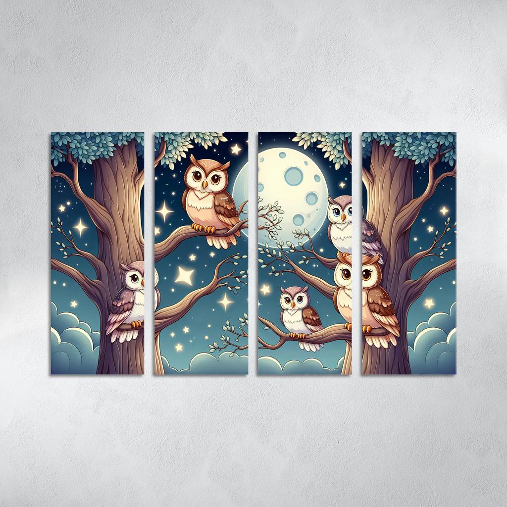Starry Night Owls - Nighttime Whimsy Framed Paintings