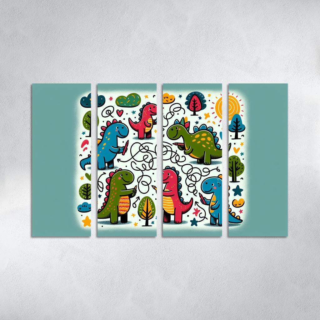 Doodle Dino Friends 4 Piece HD Modern Canvas Panels-Original Frame
