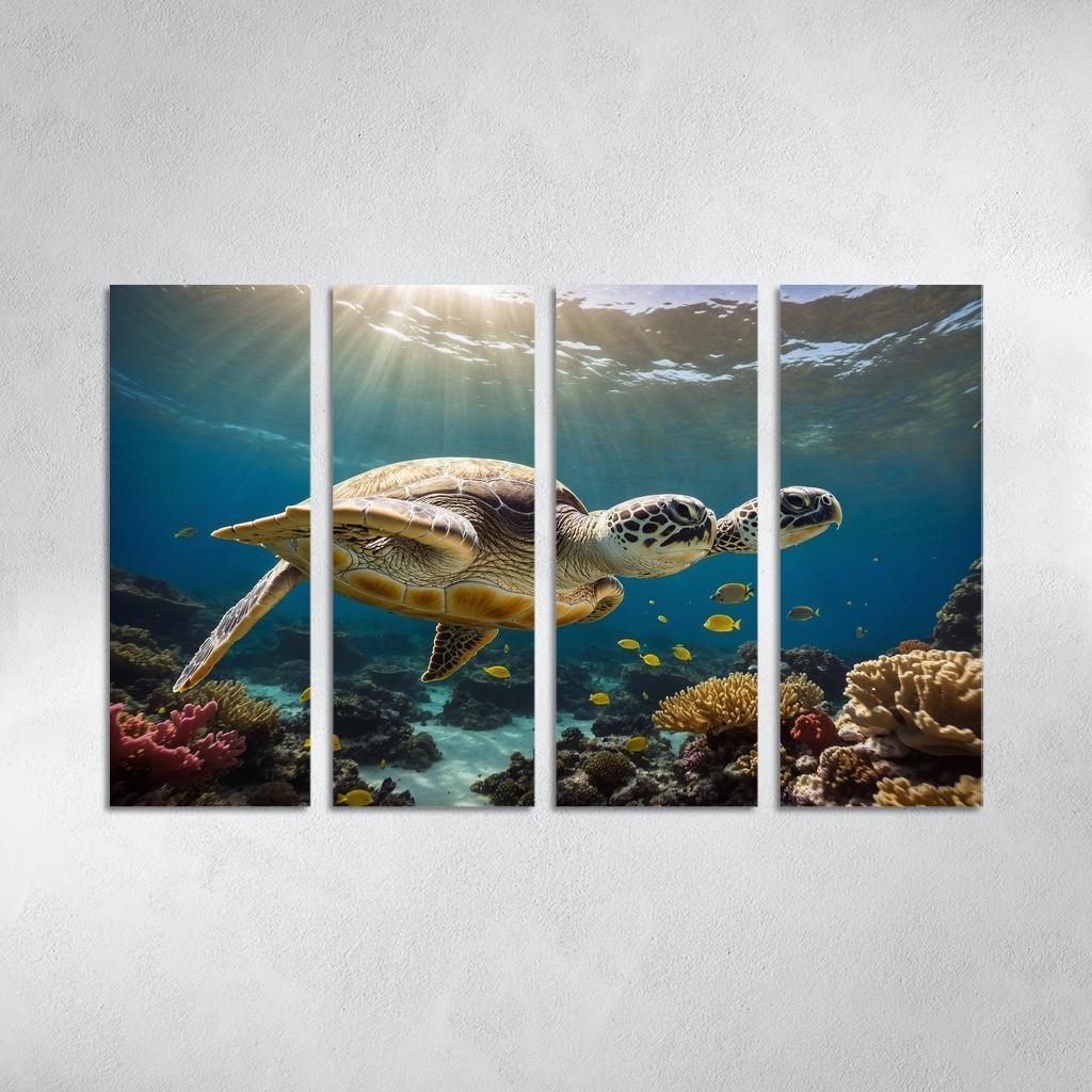 The Enigmatic Green Sea Turtle Gliding Through Coral Reefs Framed Paintings