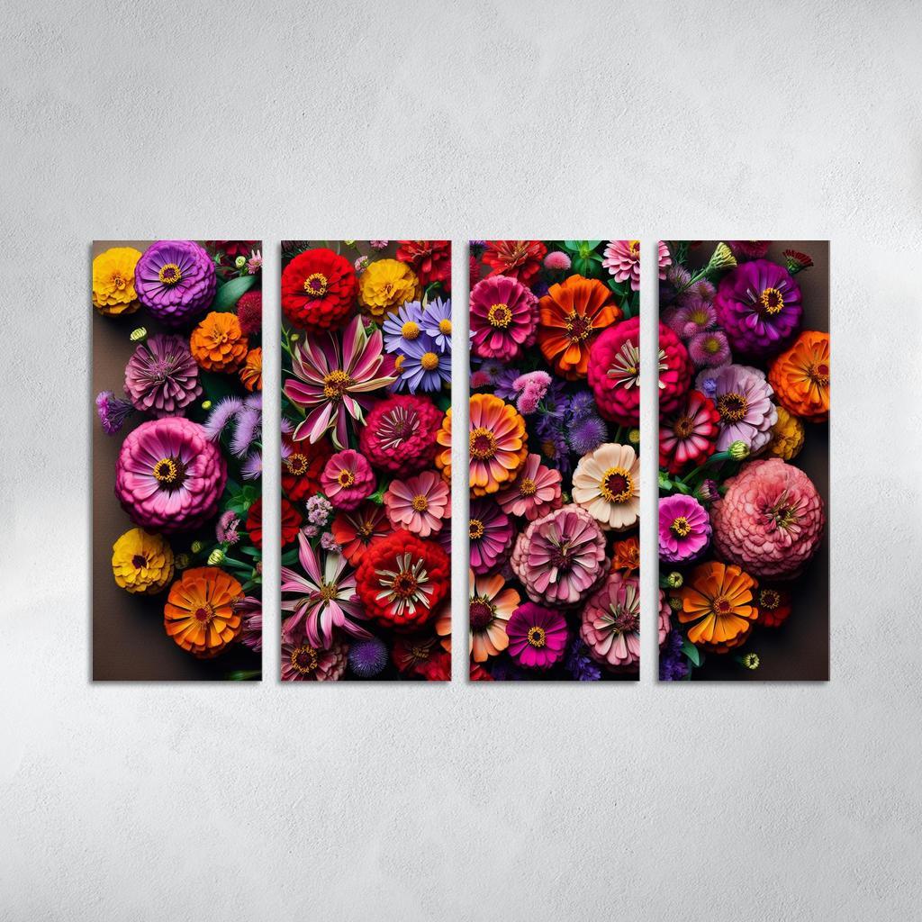 Floral Mosaic A Patchwork of Blooms 4 Piece HD Modern Canvas Panels-Original Frame