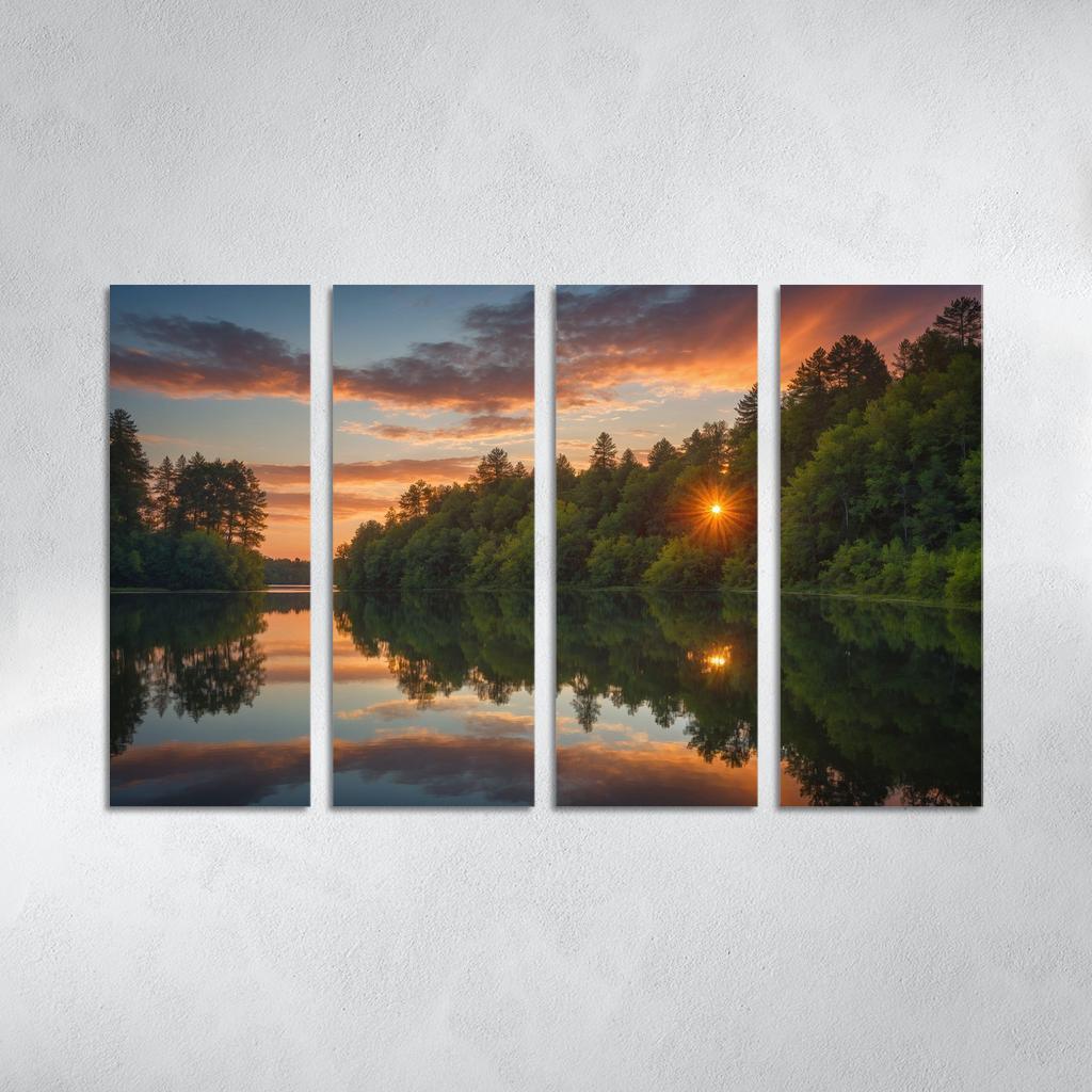 The Serene Reflection of Tranquil Lake 4 Piece HD Modern Canvas Panels-Original Frame