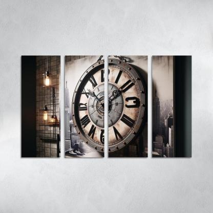 Industrial-Style Wall Clock with Distressed Finish 4 Piece HD Modern Canvas Panels-Original Frame