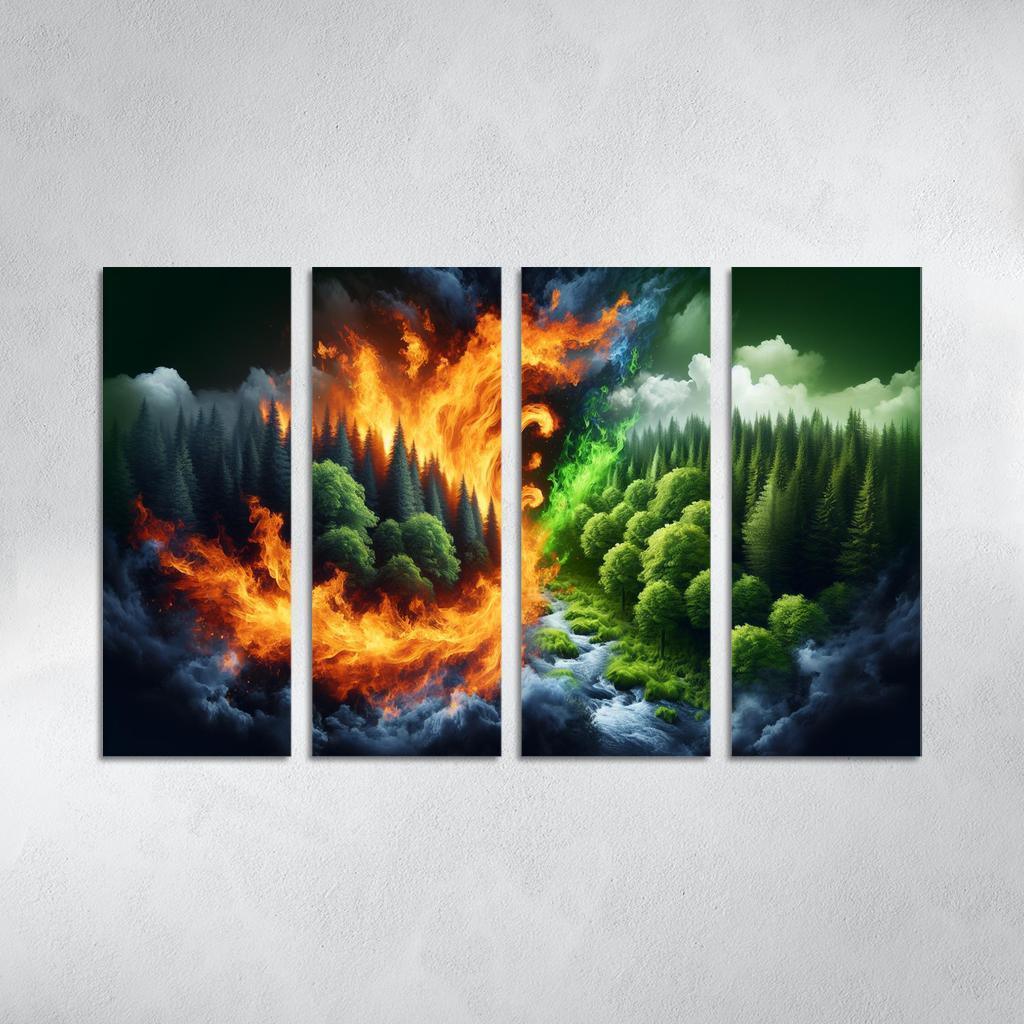 Flames of Awareness The Reality of Wildfires 4 Piece HD Modern Canvas Panels-Original Frame