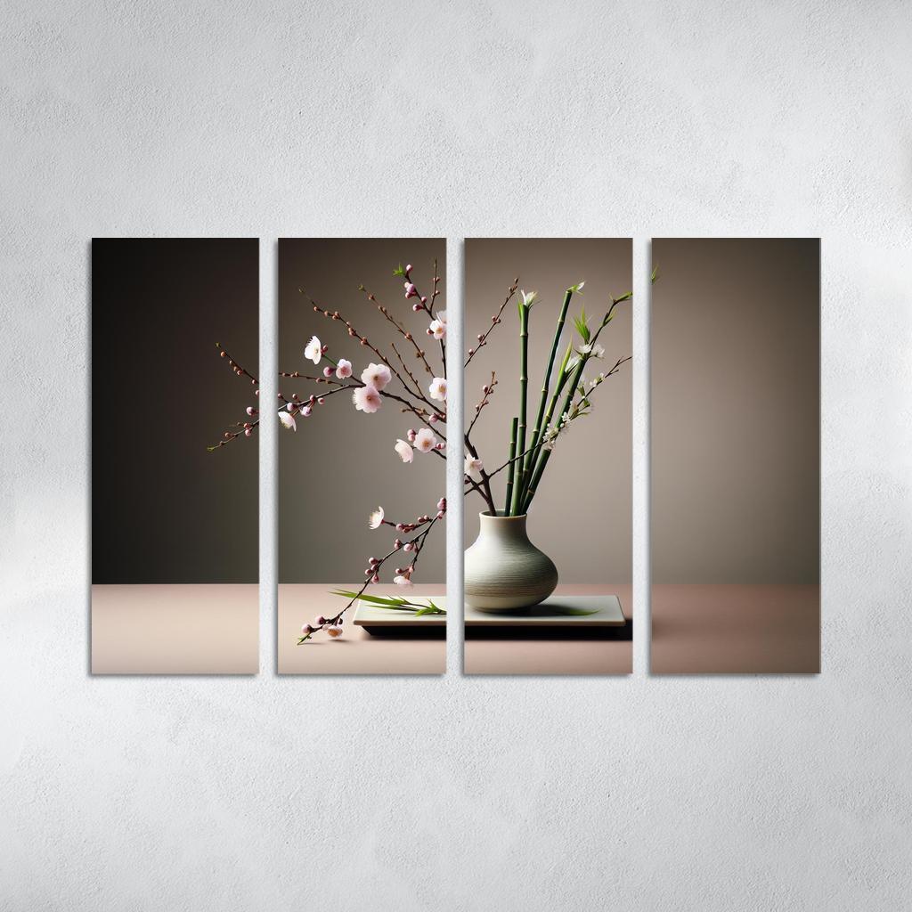 Japanese Serenity Ikebana Inspired Arrangement 4 Piece HD Modern Canvas Panels-Original Frame