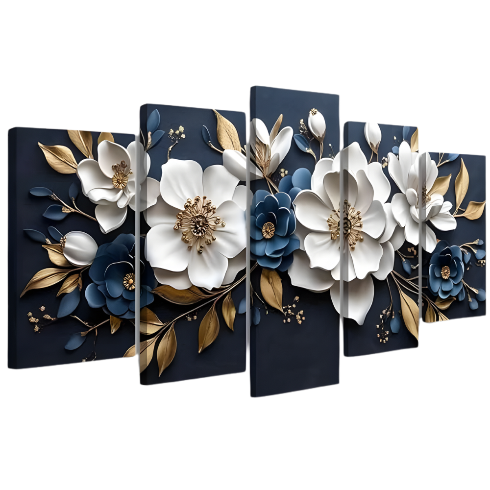 5 Piece White and Gold Flower Canvas Wall Art