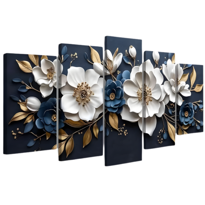 5 Piece White and Gold Flower Canvas Wall Art