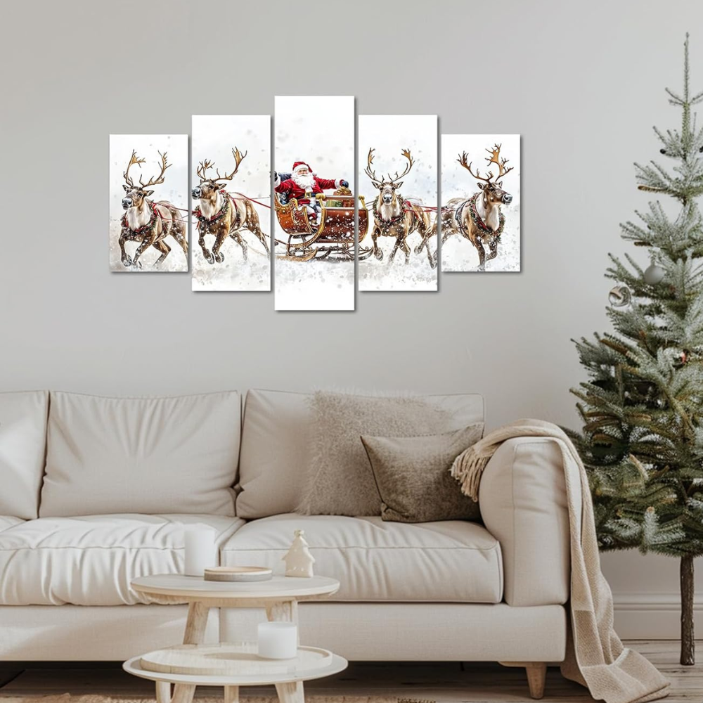5 Piece Christmas Canvas Wall Art Santa Claus Reindeer Sleigh Decor