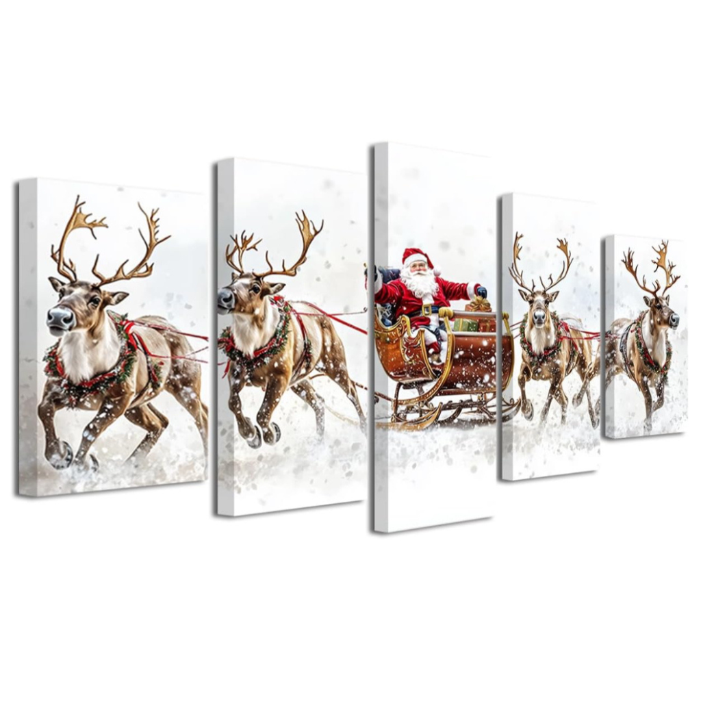 Christmas Canvas Wall Art 5 Piece Santa Claus Reindeer with Sleigh Picture Prints