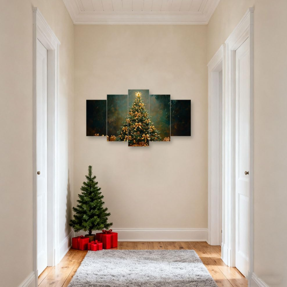 5 Piece Of Vintage Christmas Tree Winter Scene Canvas Wall Art Framed