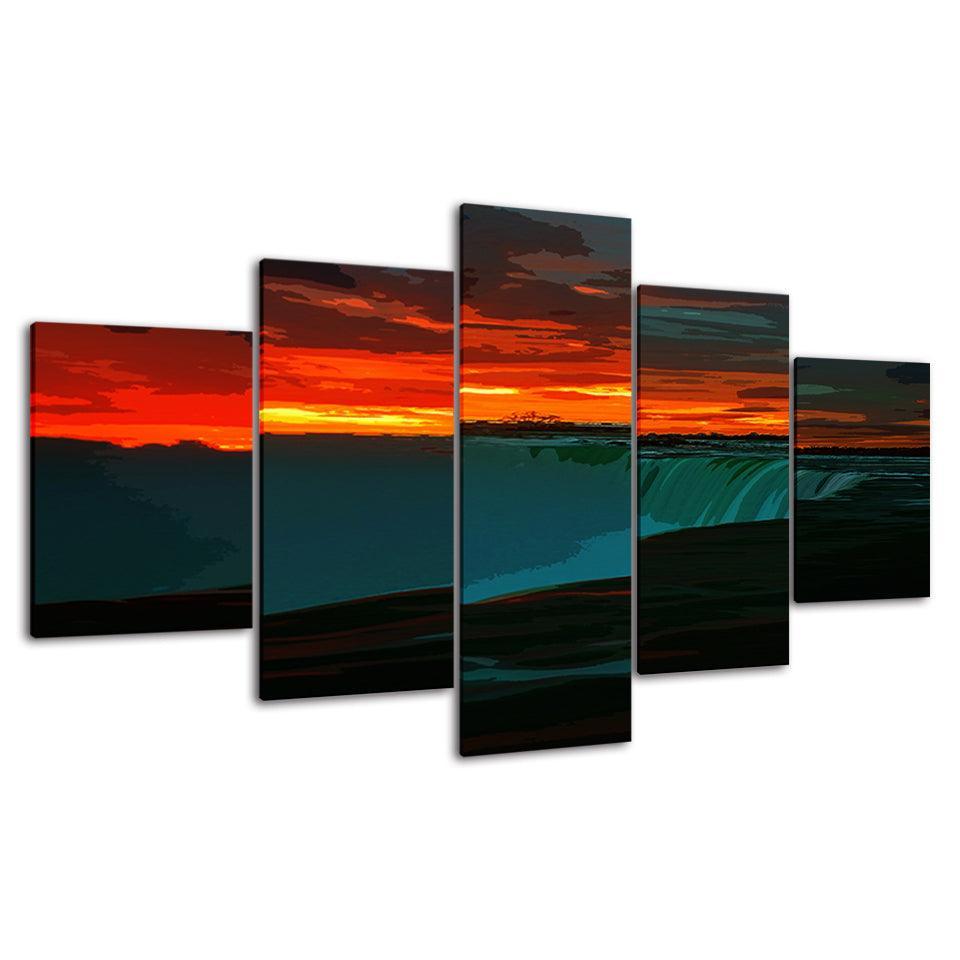 An Orange Sunrise At The Waterfall 5 Piece HD Multi Panel Canvas Wall Art Frame-Original Frame