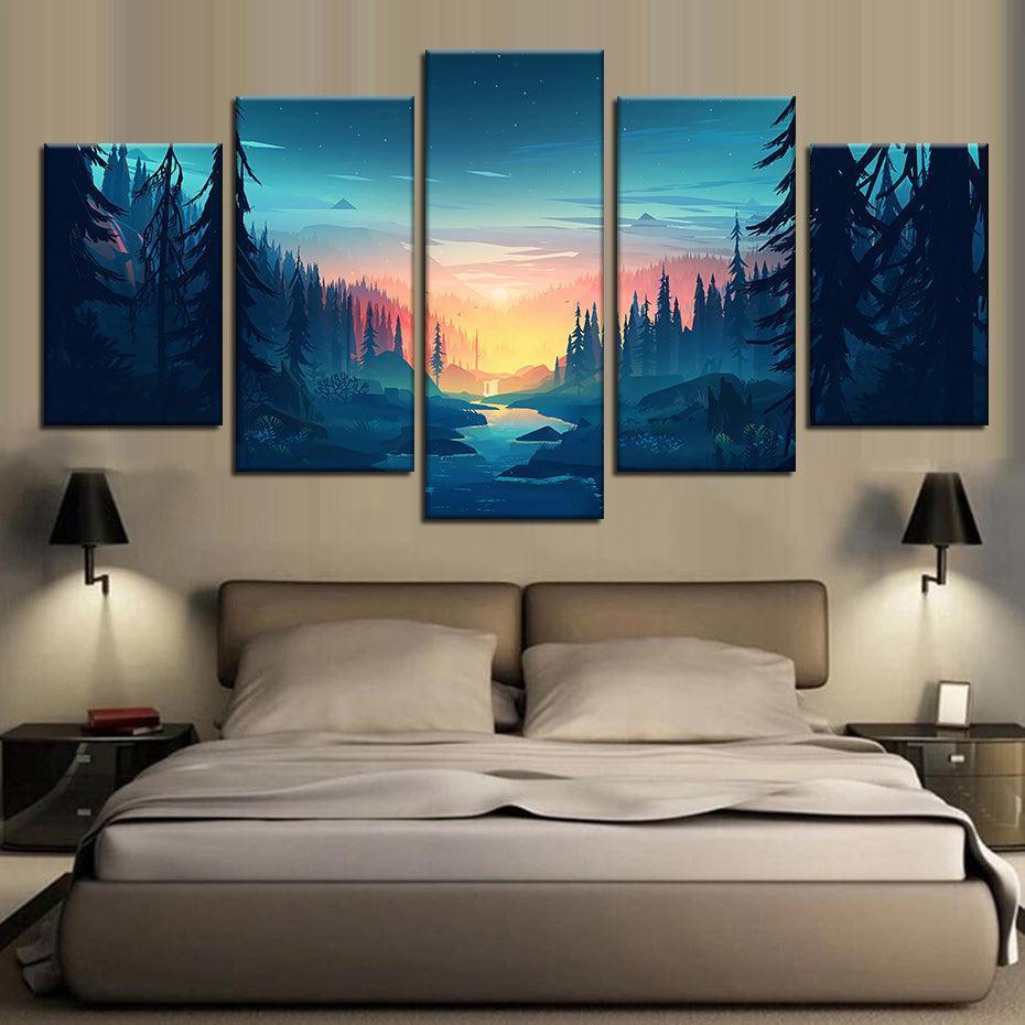 Forest Sunset 5 Piece HD Multi Panel Canvas Wall Art Frame-Original Frame