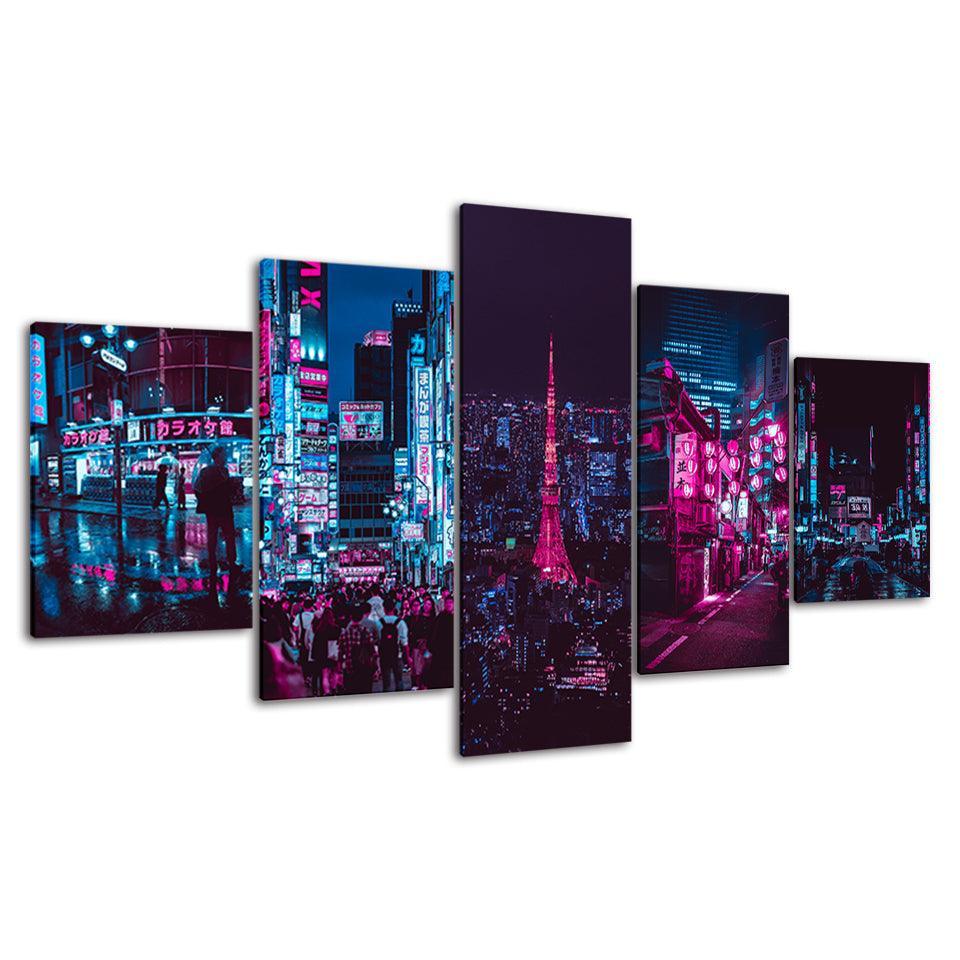 The Neon City Light 5 Piece HD Multi Panel Canvas Wall Art Frame-Original Frame